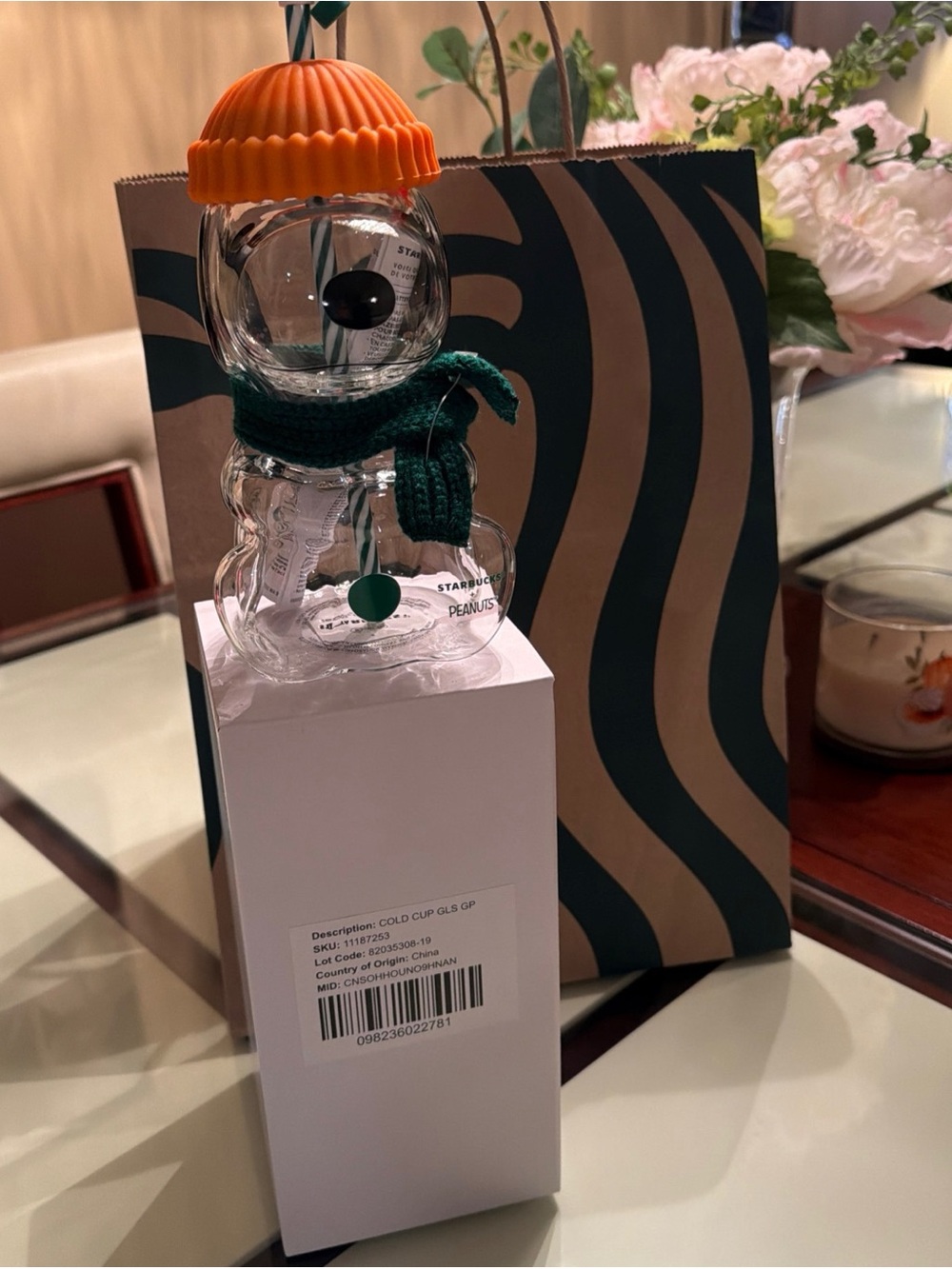 Starbucks White and Green Cold Cup Glass - Barcode Label